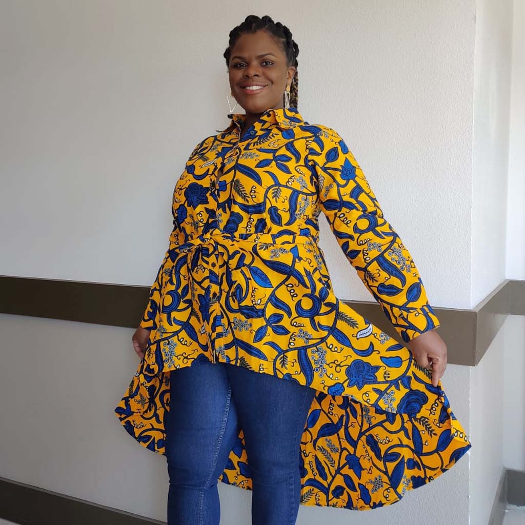 Kente African Print High-Low Button-Up Shirt – Blue Yellow, 100% Cotton
