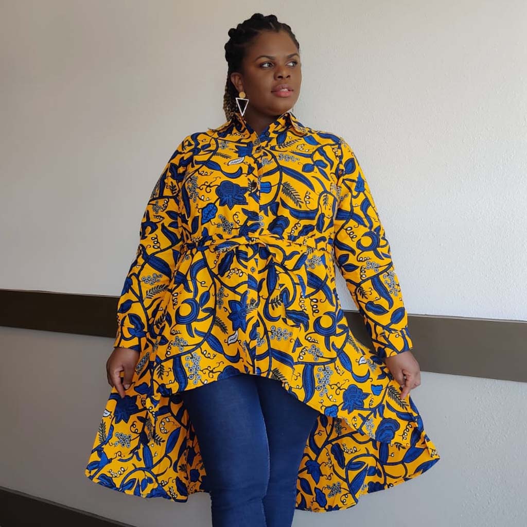 Kente African Print High-Low Button-Up Shirt – Blue Yellow, 100% Cotton