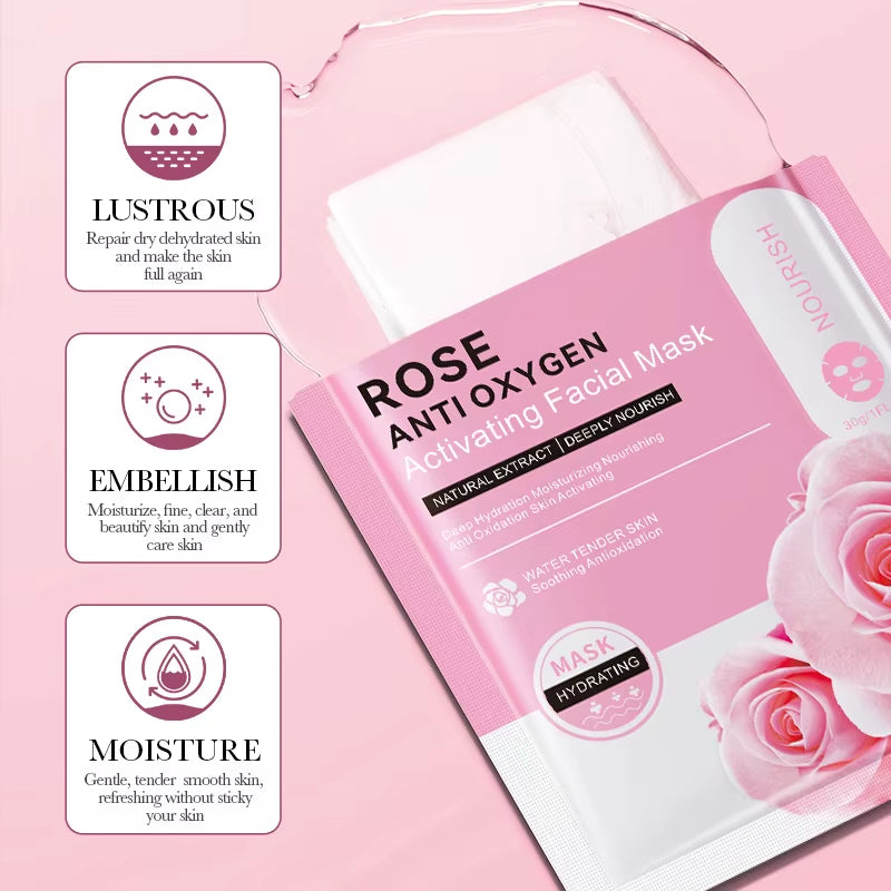 Rose Flower Extract Korean Sheet Mask – Whitening & Moisturizing Face Mask 12 Pack