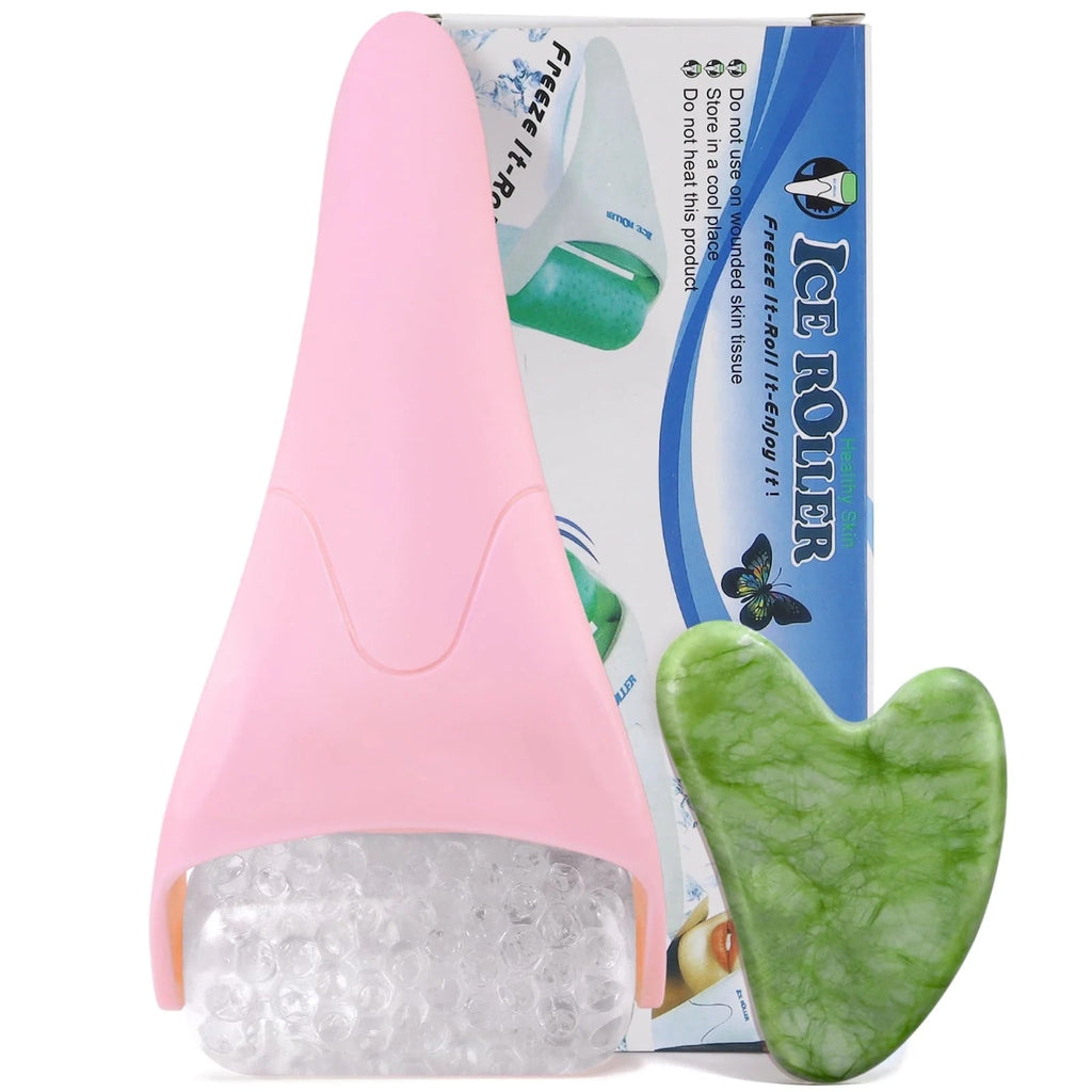 Ice Roller & Gua Sha Set – Cryotherapy Facial Massage for De-Puffing & Pore Minimizing, Pink