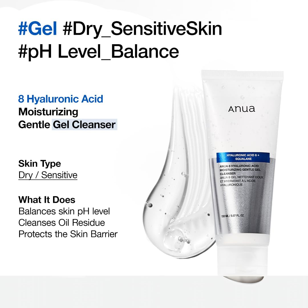 Moisturizing Gentle Gel Cleanser – Hyaluronic Acid, Squalane & Ceramide Korean Face Wash 5.07 oz