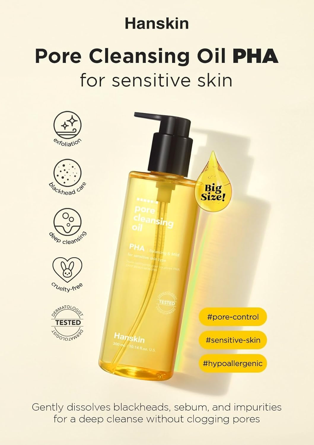 Hanskin Pore Cleansing Oil – PHA Makeup & Blackhead Remover for Sensitive Skin 10.14 oz