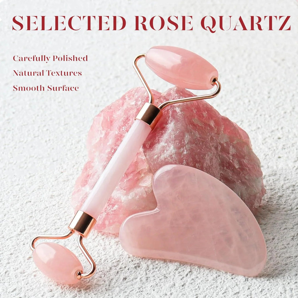 Jade Roller & Gua Sha Set – Natural Rose Quartz Facial Massage Tools, Pink