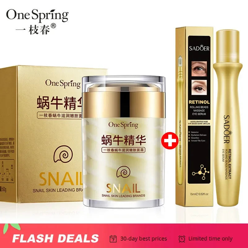 Snail Face Cream & Retinol Eye Roller Serum – Korean Anti-Aging Duo 2-Piece Set