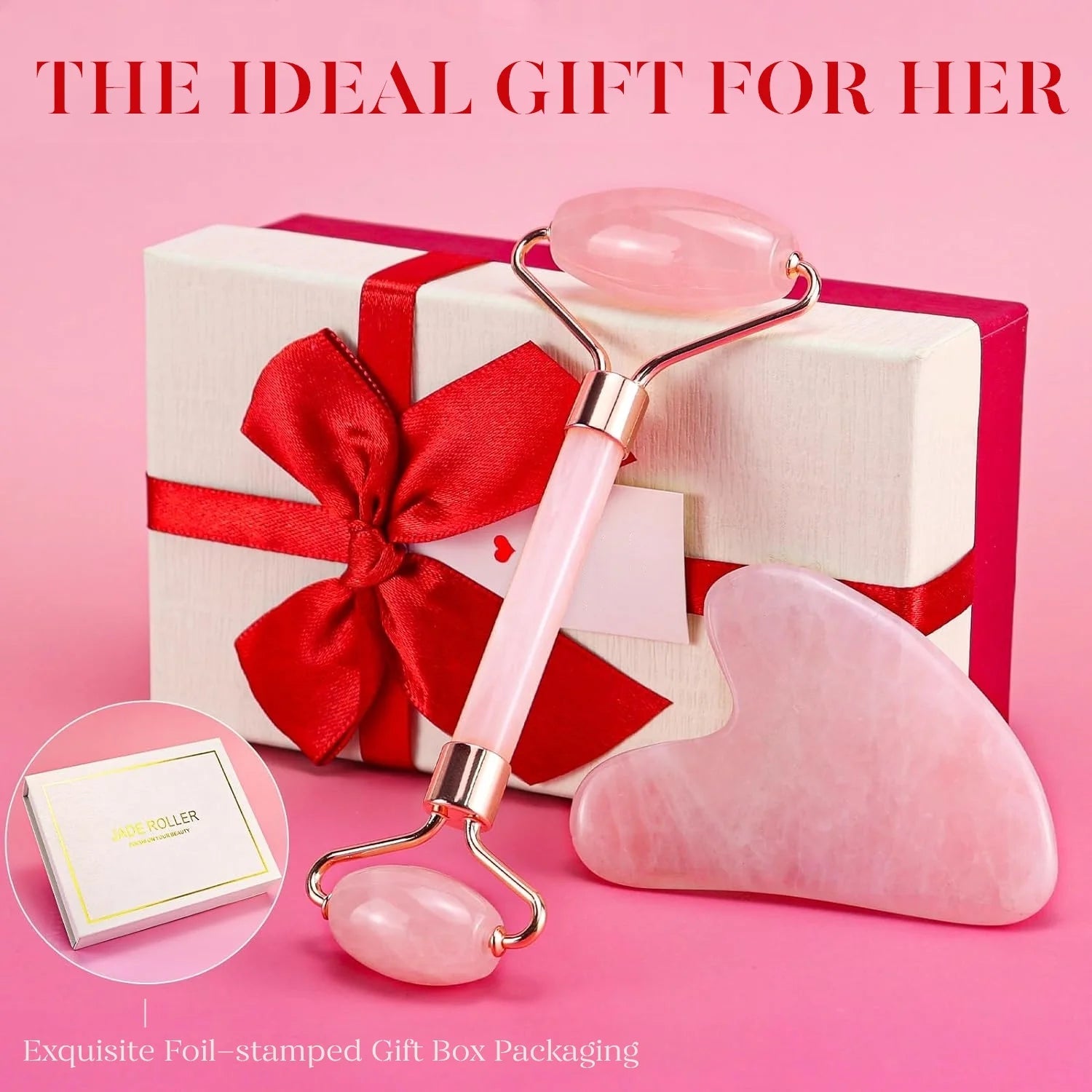 Jade Roller & Gua Sha Set – Natural Rose Quartz Facial Massage Tools, Pink