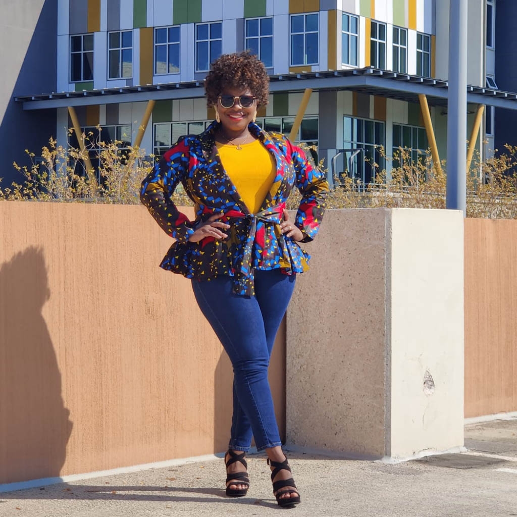 African Print Long Sleeve Peplum Blouse with Sash – Wax Print
