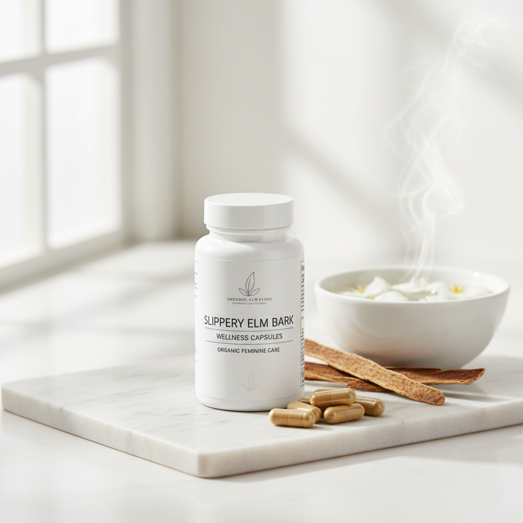 Organic feminine care supplement capsules in premium white bottle